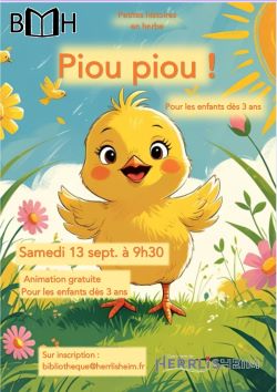 Animation pour les enfants dès 3 ans : Petites histoires en herbe : Piou piou ! Samedi 13 septembre à 9h30 à la Bibliothèque municipale de Herrlisheim