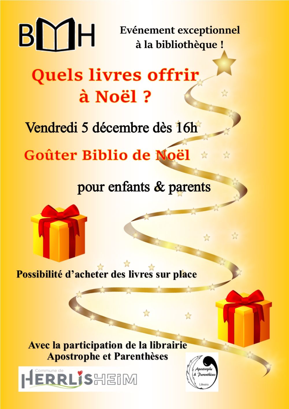 Quels livres offrir à Noël ? Quels livres offrir à Noël ? vendredi 5 décembre de 16h à 19h, autour d'un goûter, avec la présence dela librairie de la Wantzenau