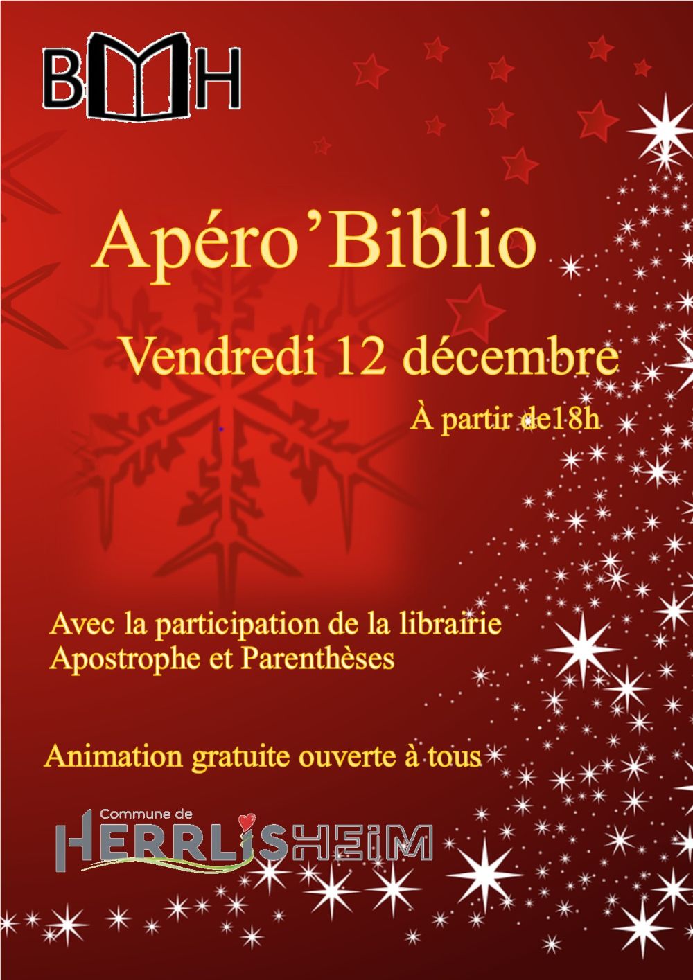 Apéro'Biblio : Soirée littéraire animation Apéro' Biblio présentation de nouveautés et coups de coeur roman, bande dessinée et livre documentaire Vendredi 12 décembre à partir de 18h à la Bibliothèque municipale de Herrlisheim