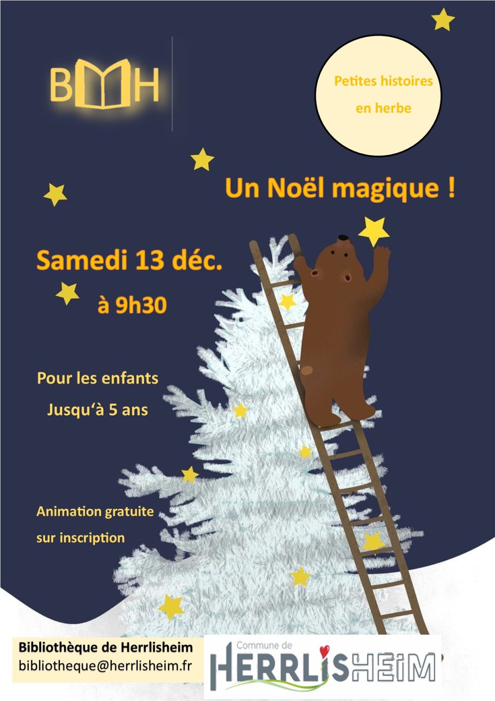 Petites histoires en herbe : Un Noël magique Animation lecture d'histoires pour les enfants jusqu'à 5 ans samedi 13 décembre à 9h30 à la bibliothèque municipale de Herrlisheim
