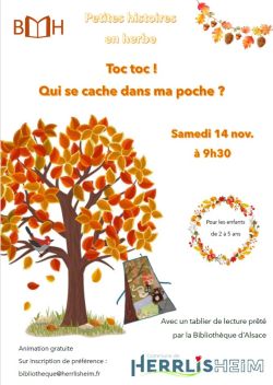 Petites histoires en herbe : Toc ! Toc ! Qui se cache dans ma poche ? animation gratuite samedi 14 novembre 2026 &agrave; 9h30 pour les enfants jusqu'&agrave; 5 ans avec un tablier de lecture